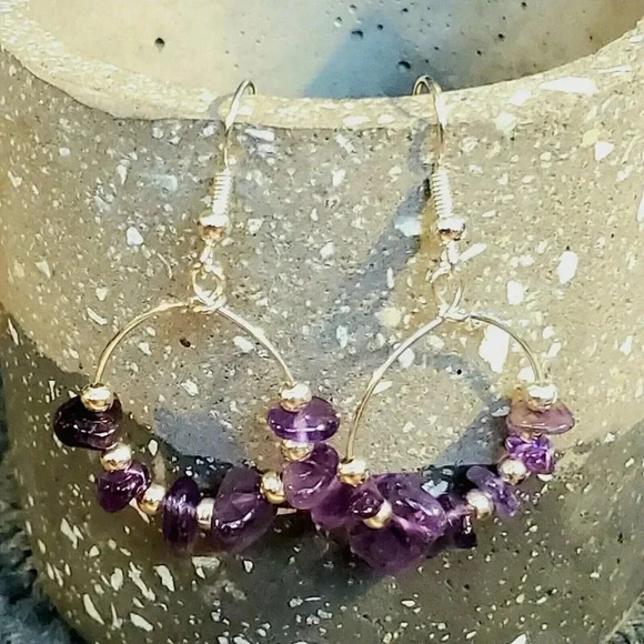 Handcrafted Baroque Amethyst Gemstone Sterling Silver Plated Beads Earrings - Picture 1 of 7